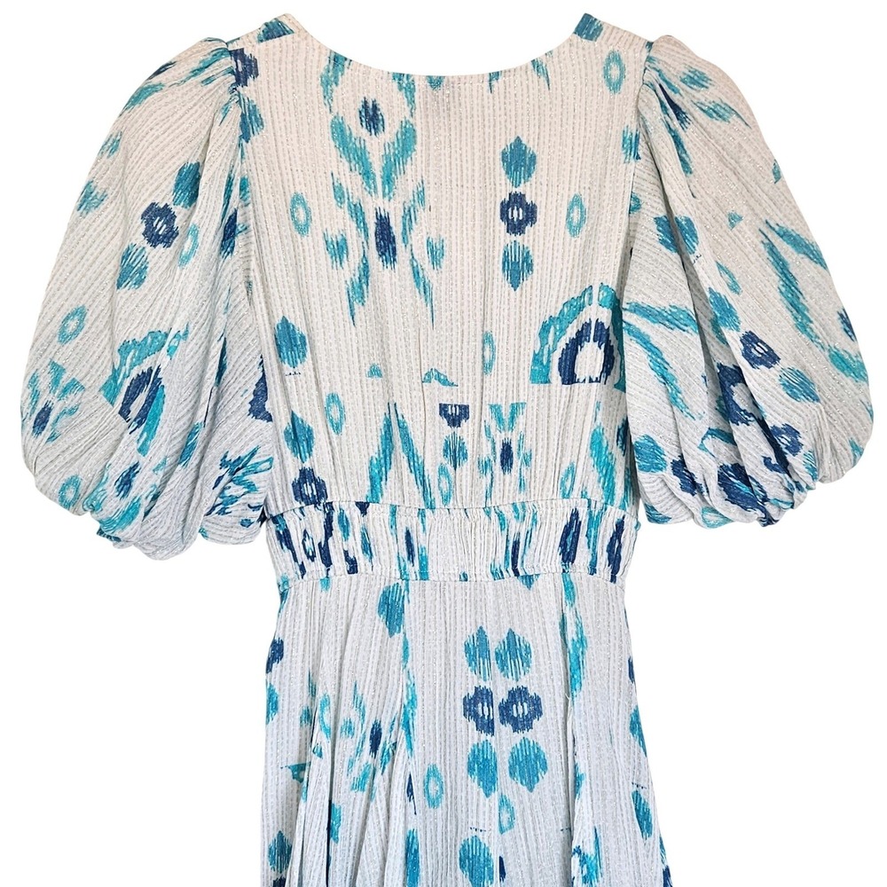 Hemant & Nandita Blue Ikat Floral Puff Sleeve Midi Dress White Metallic Sz Small - Picture 8 of 10